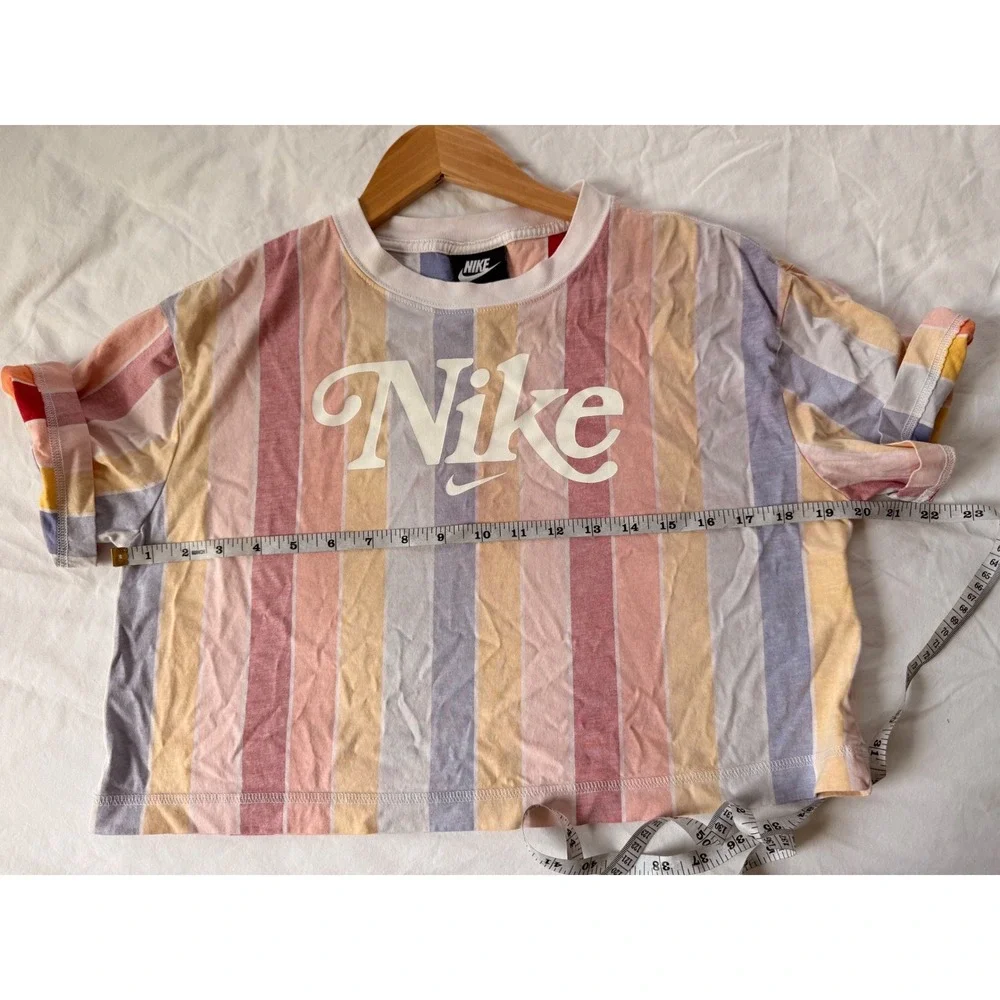 Nike Striped Crop Top Womens Pastel Multi Color Script Logo Cotton Tee small